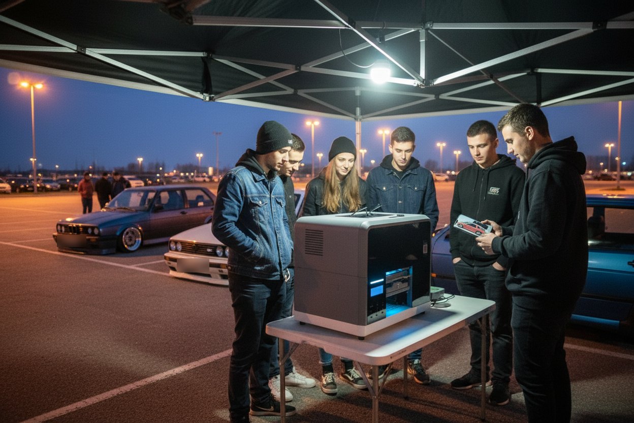 Autós találkozó esti parkolóban, a gép egy kempingasztalon