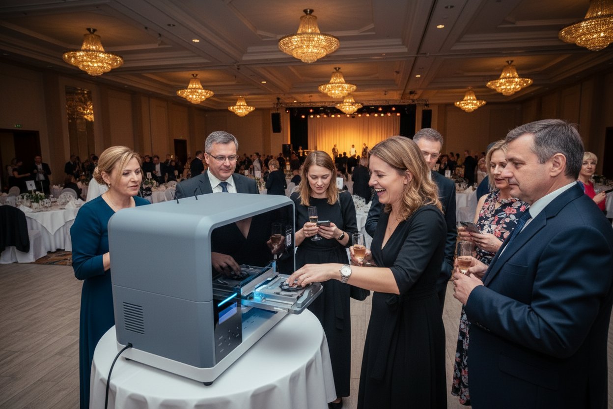 Céges gálavacsora egy nagy bálteremben, a vendégek a SnapCase Live gép körül