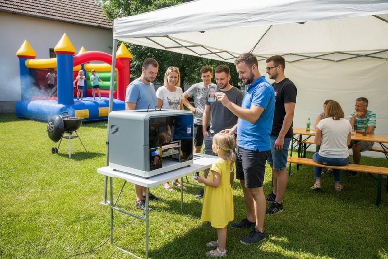 Céges családi nap sátorral és ugrálóvárral, egy apuka a kislánya fotójával nyomtatott tokot mutatja