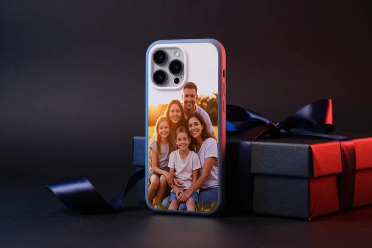 Telefontok családi fotóval, ajándékdoboz mellett